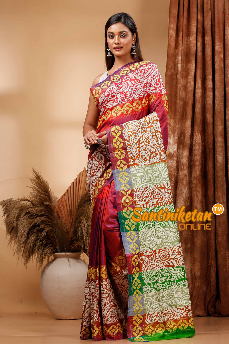 Bishnupuri (Katan) Silk Kantha Stitch Saree SN202420131