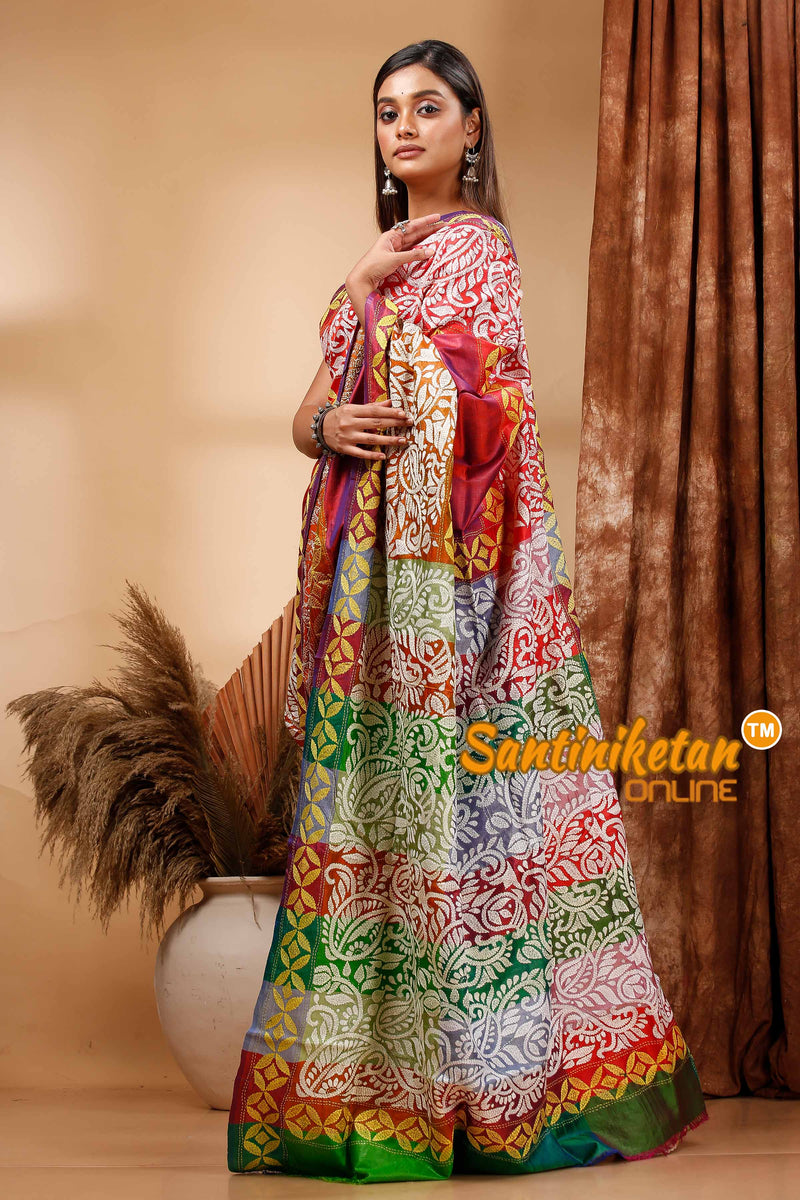 Bishnupuri (Katan) Silk Kantha Stitch Saree SN202420131