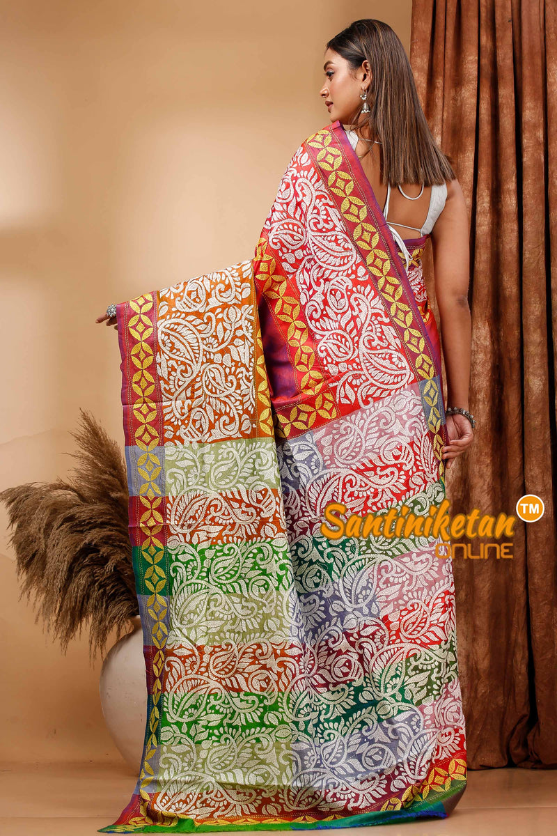 Bishnupuri (Katan) Silk Kantha Stitch Saree SN202420131