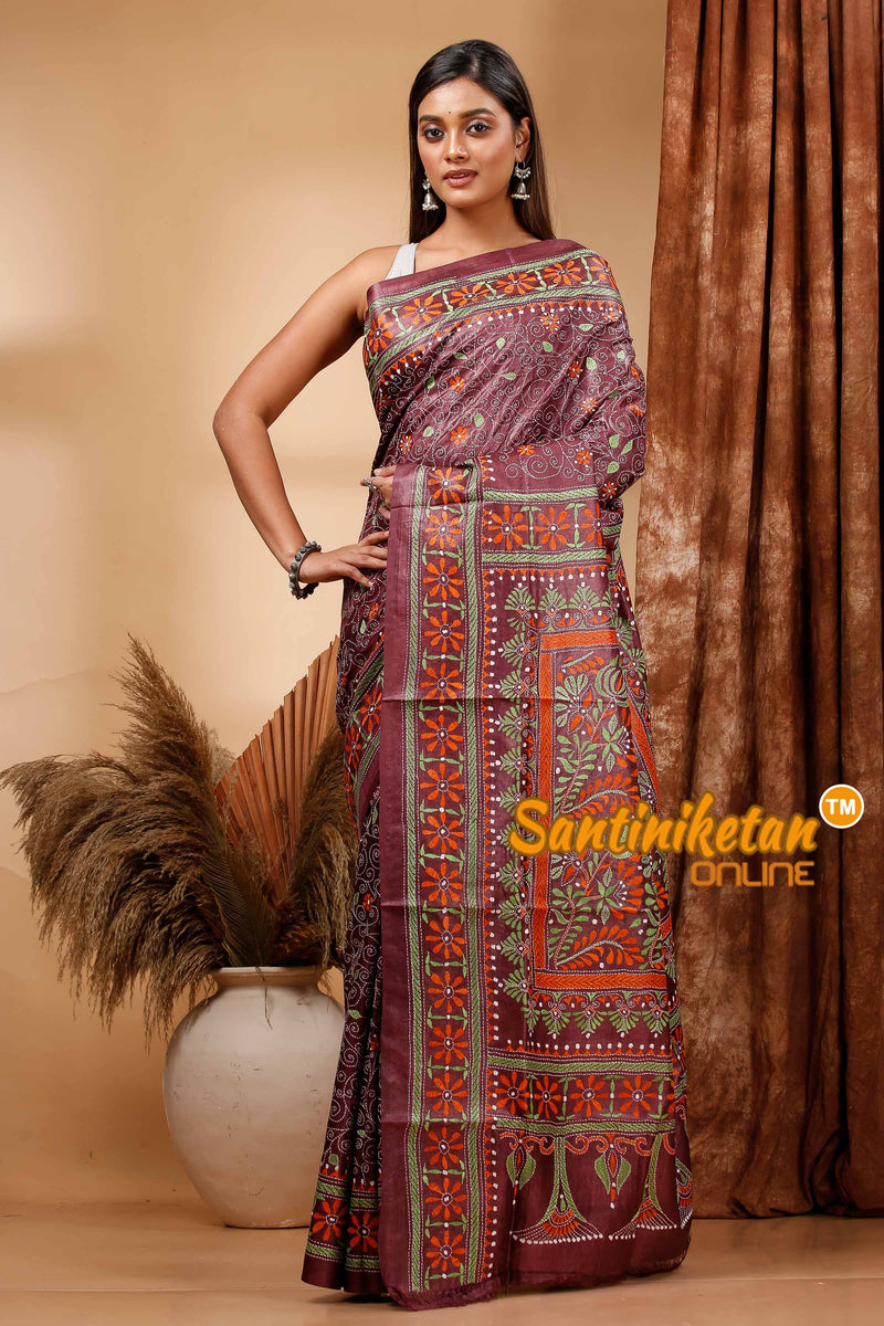 Pure Dye Tussar Silk Kantha Stitch Saree SN202420146