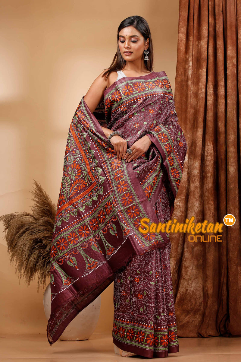 Pure Dye Tussar Silk Kantha Stitch Saree SN202420146