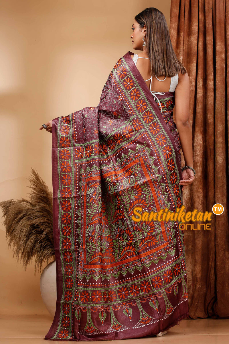 Pure Dye Tussar Silk Kantha Stitch Saree SN202420146