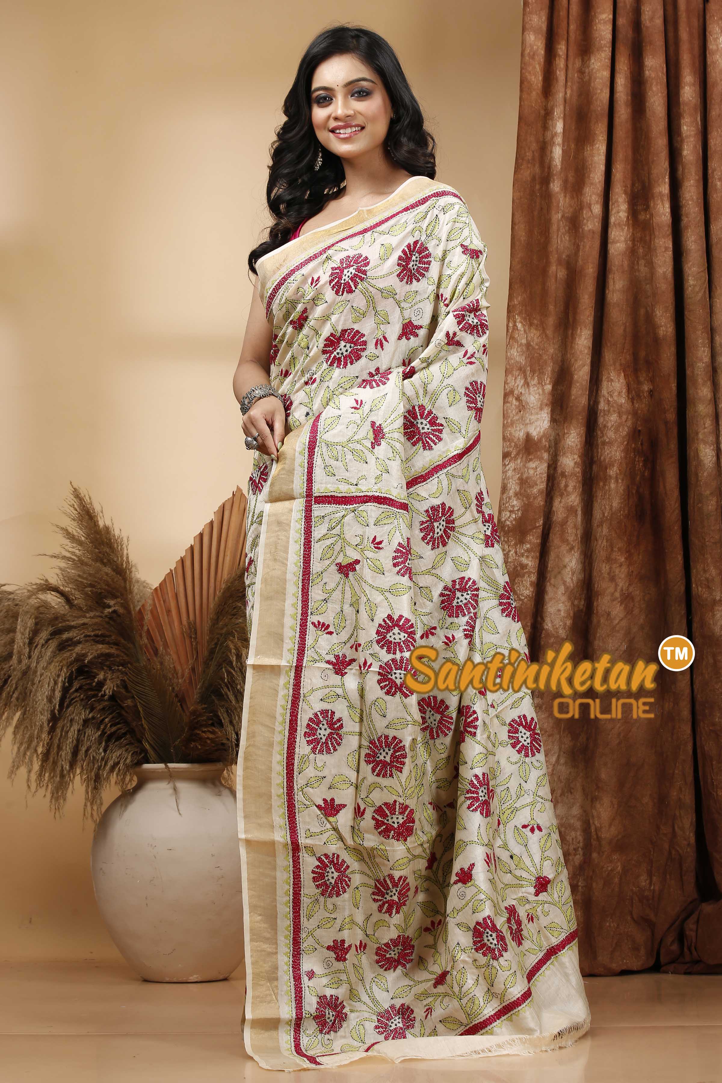 Pure Tussar Silk Zari Border Kantha Stitch Saree SN202420432