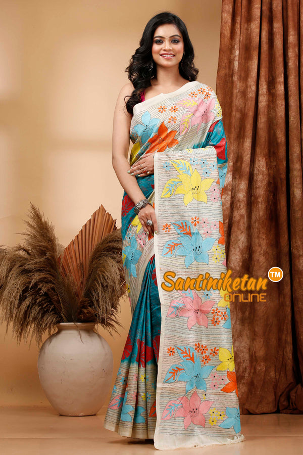 Pure Dye Tussar Silk Kantha Stitch Saree SN202420509