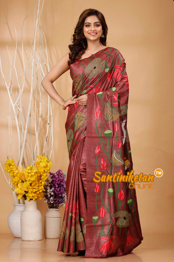 Pure Dye Tussar Silk Kantha Stitch Saree SN202420585