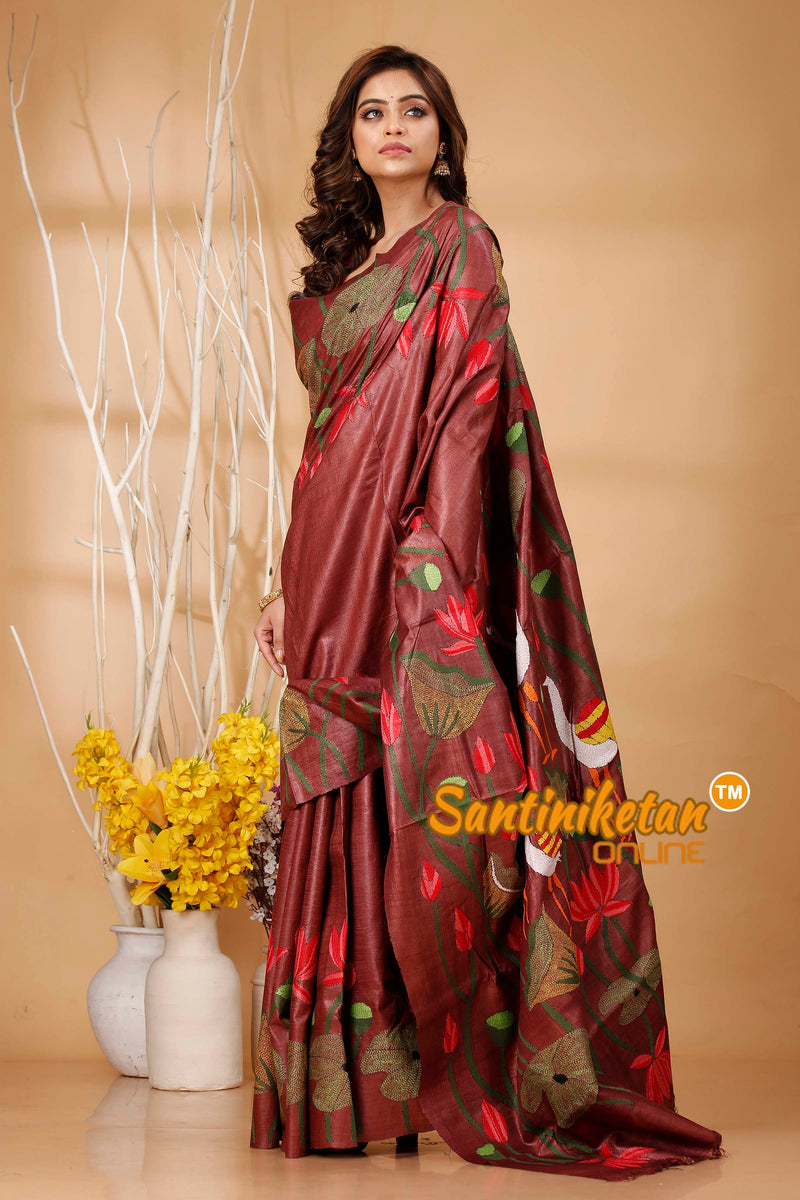 Pure Dye Tussar Silk Kantha Stitch Saree SN202420585