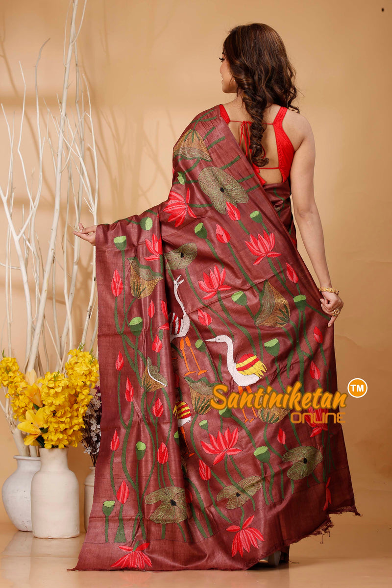 Pure Dye Tussar Silk Kantha Stitch Saree SN202420585