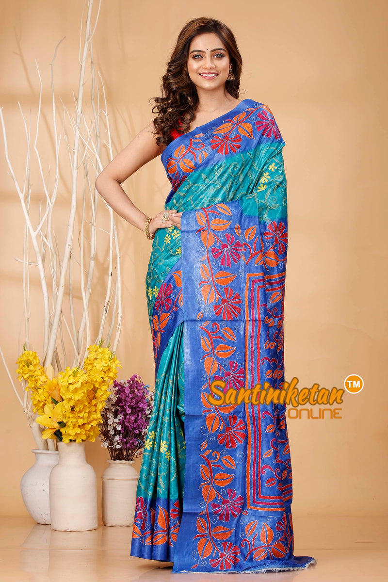 Pure Dye Tussar Silk Kantha Stitch Saree SN202420656