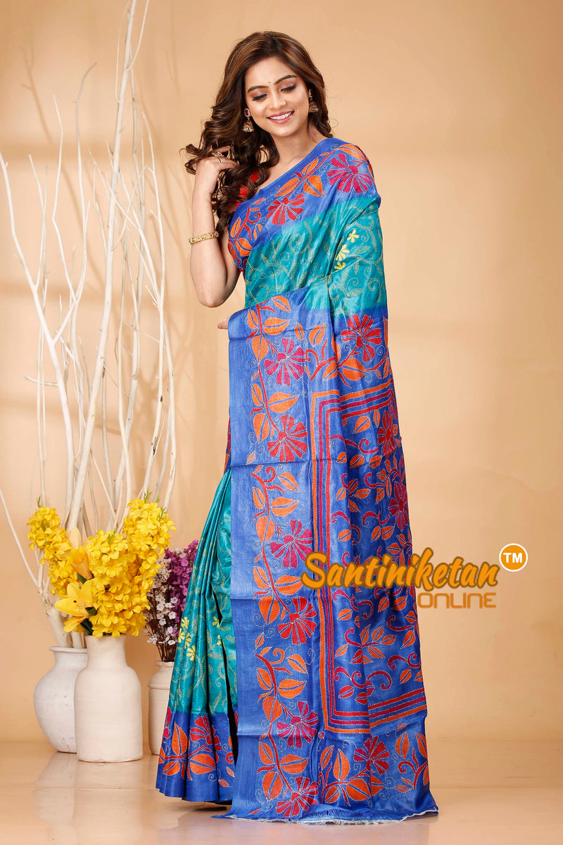 Pure Dye Tussar Silk Kantha Stitch Saree SN202420656