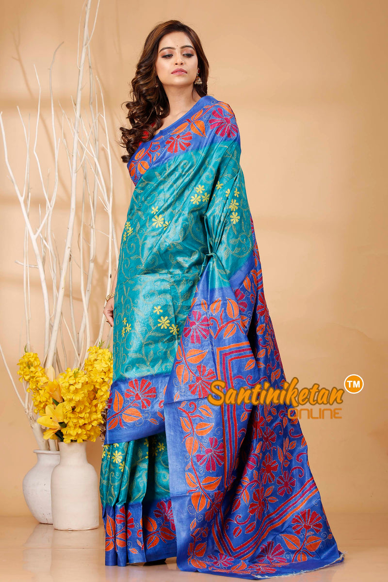 Pure Dye Tussar Silk Kantha Stitch Saree SN202420656