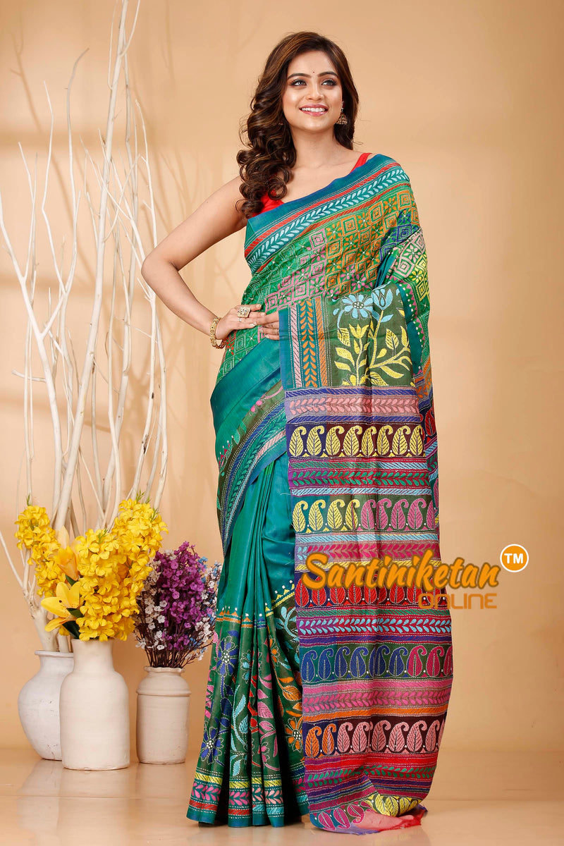 Bishnupuri (Katan) Silk Kantha Stitch Saree SN202420686