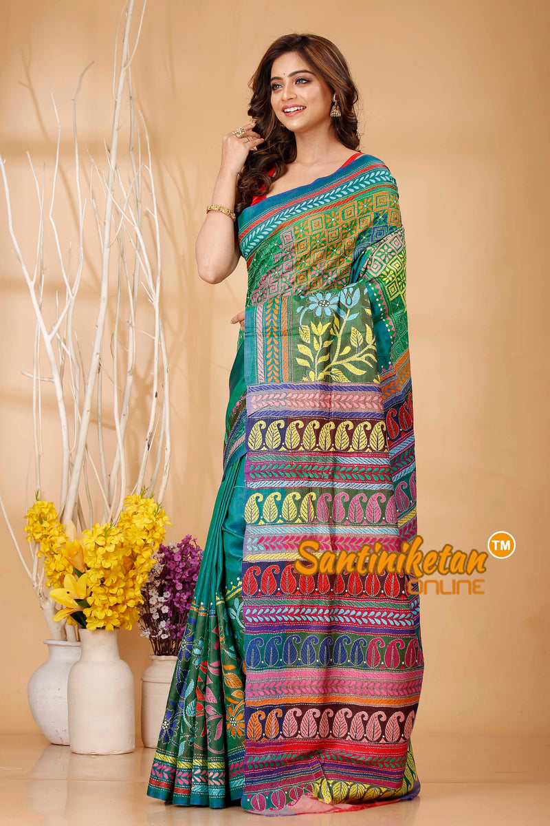 Bishnupuri (Katan) Silk Kantha Stitch Saree SN202420686