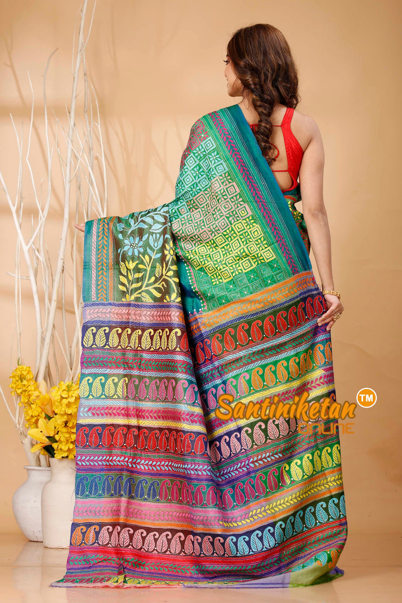 Bishnupuri (Katan) Silk Kantha Stitch Saree SN202420686