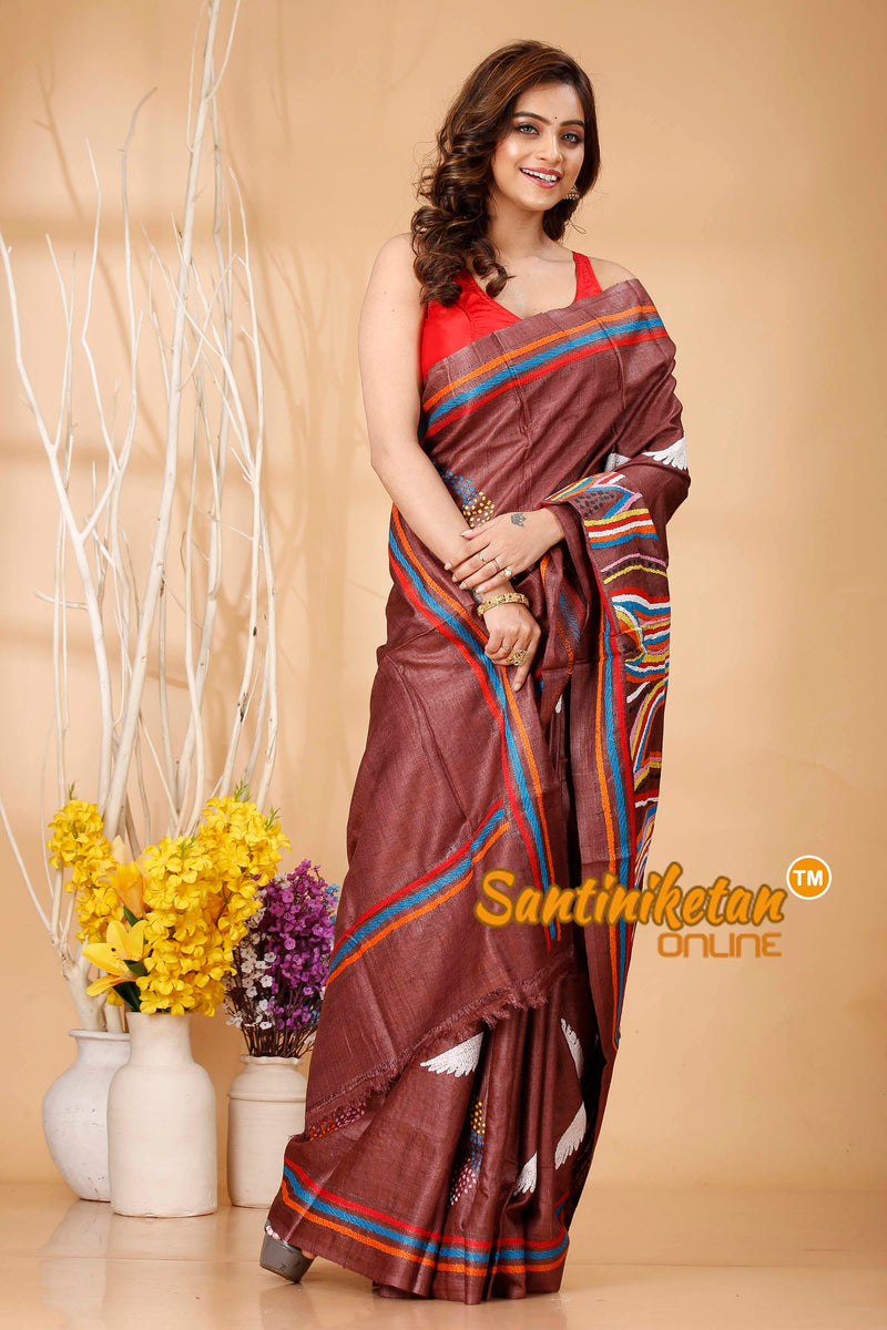 Pure Dye Ketiya Tussar Silk Kantha Stitch Saree SN202420696