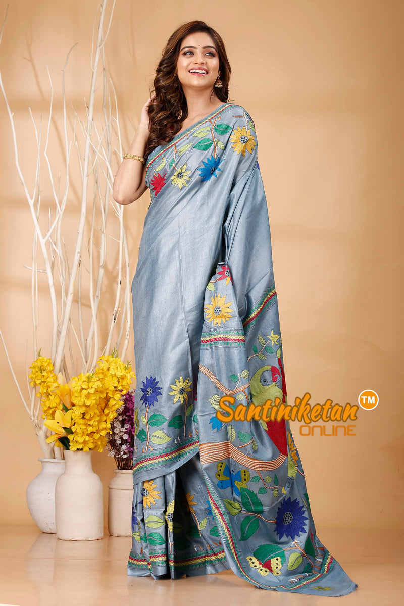 Pure Dye Tussar Silk Kantha Stitch Saree SN202420701