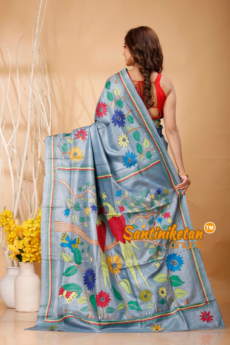 Pure Dye Tussar Silk Kantha Stitch Saree SN202420701