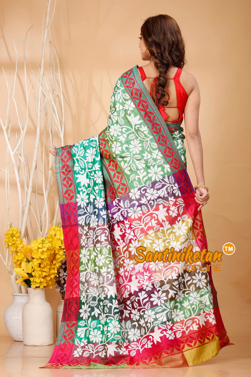 Bishnupuri (Katan) Silk Kantha Stitch Saree SN20242020716