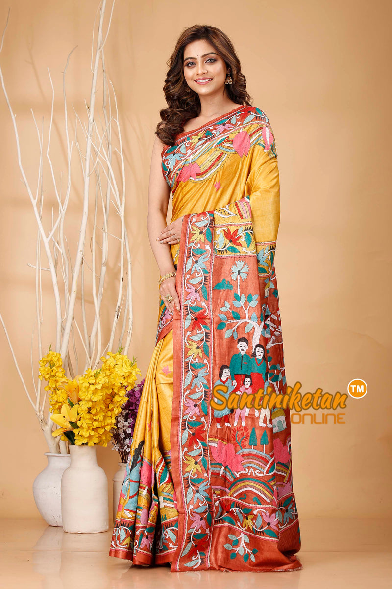 Pure Dye Tussar Silk Kantha Stitch Saree SN202420751