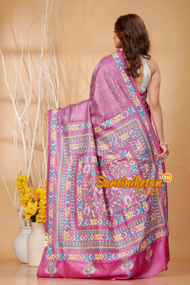 Pure Dye Tussar Silk Kantha Stitch Saree SN202420880