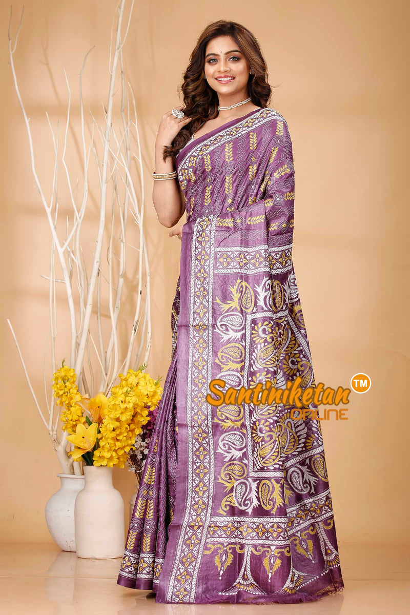 Pure Dye Tussar Silk Kantha Stitch Saree SN202420890