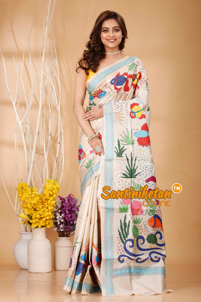 Pure Gachi Tussar Silk Kantha Stitch Saree SN202420958