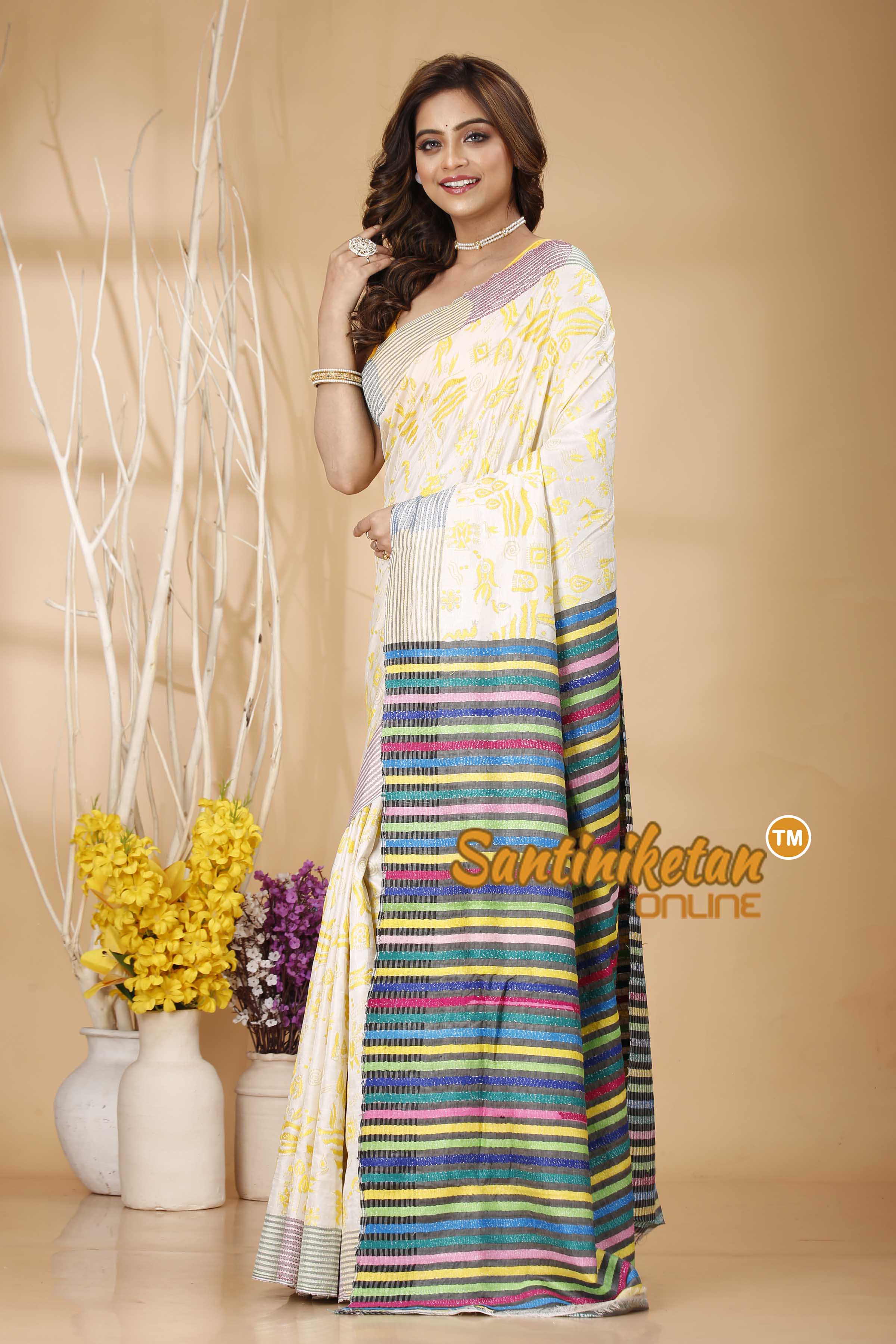 Bishnupuri (Katan) Silk Kantha Stitch Saree SN20242020969