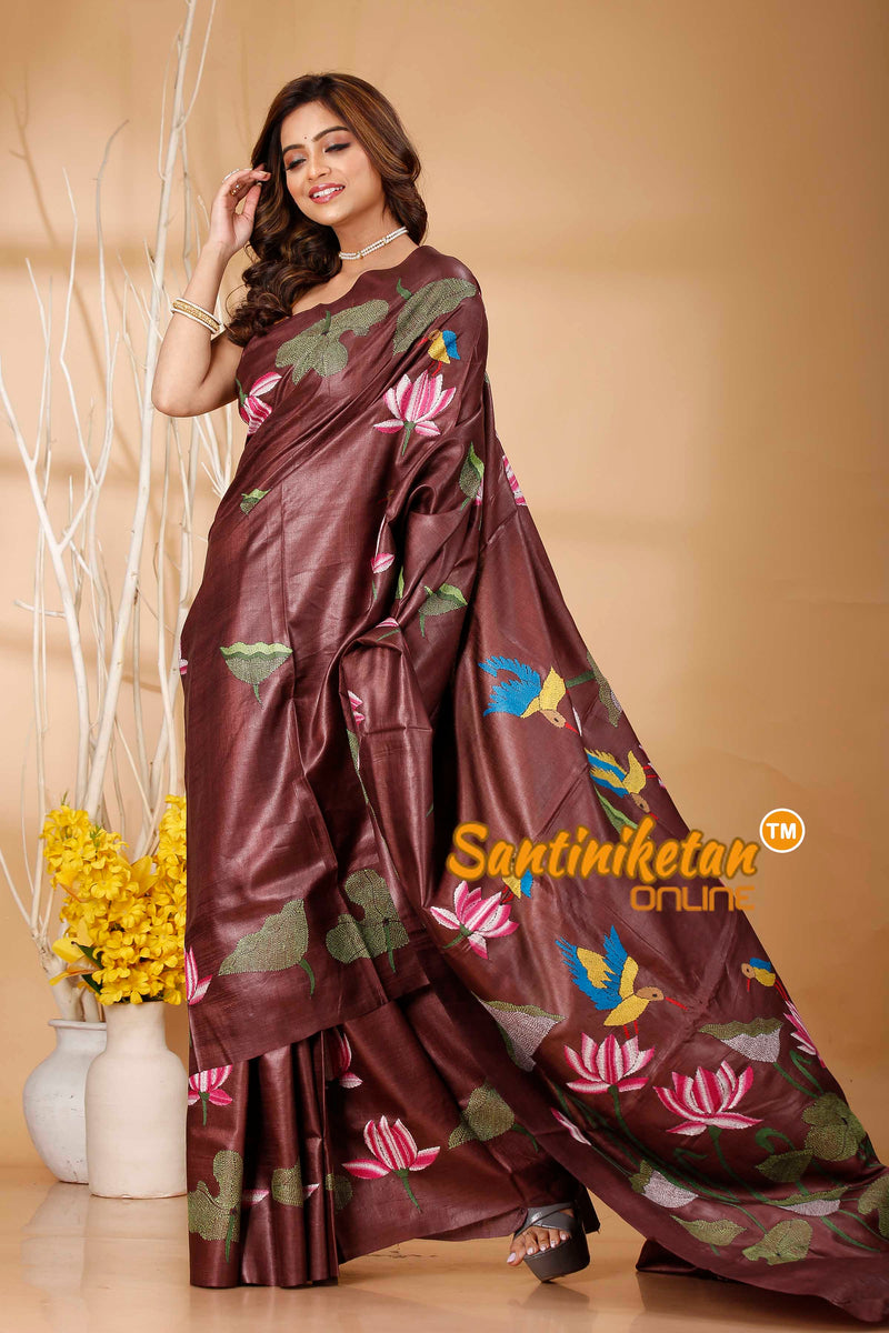 Pure Dye Tussar Silk Kantha Stitch Saree SN202420979