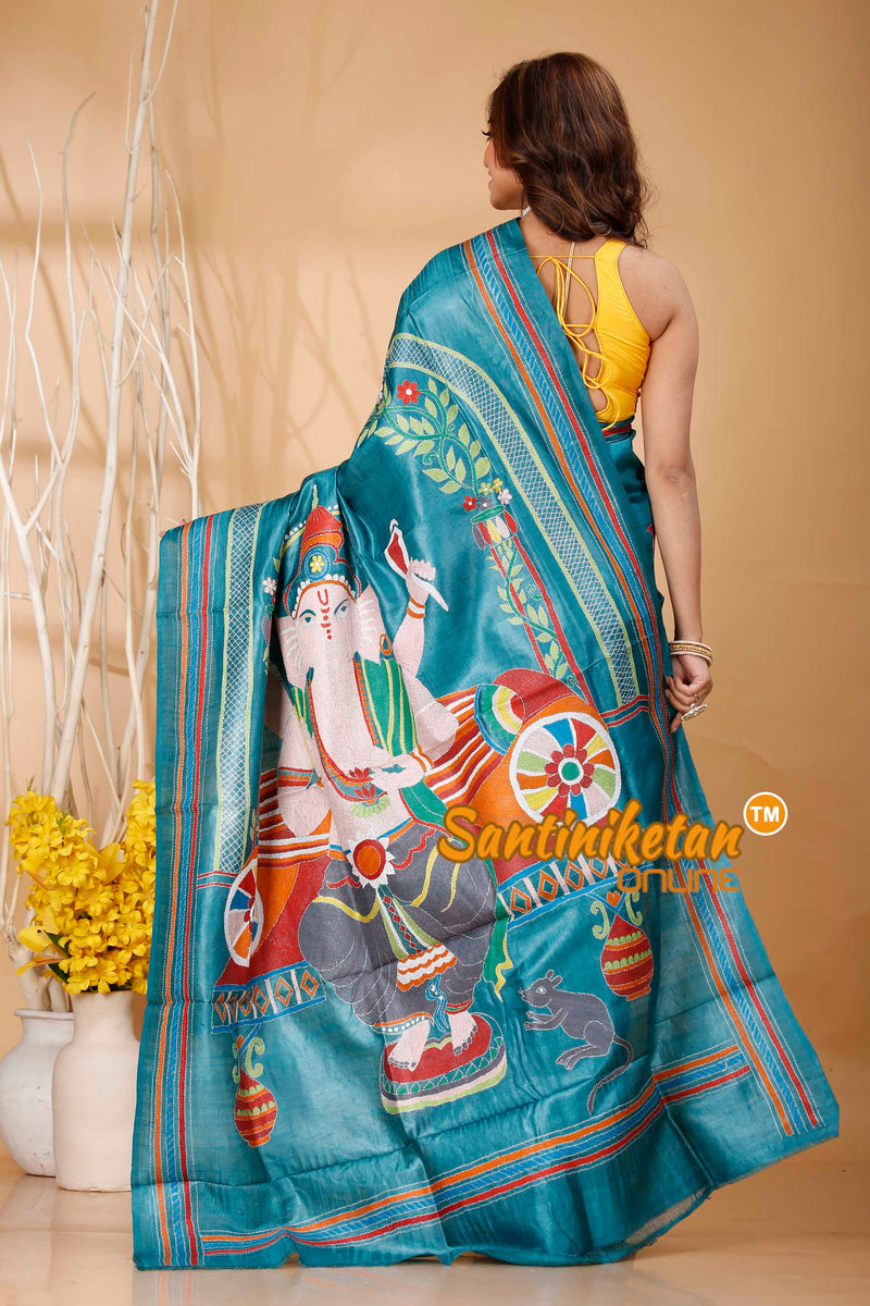 Pure Dye Tussar Silk Kantha Stitch Saree SN202420989