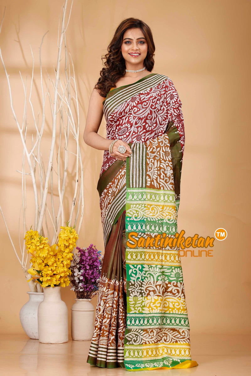 Bishnupuri (Katan) Silk Kantha Stitch Saree SN20242020994