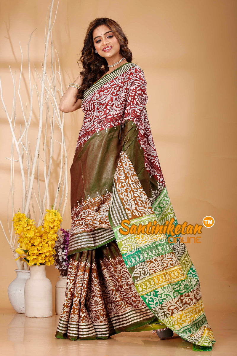 Bishnupuri (Katan) Silk Kantha Stitch Saree SN20242020994