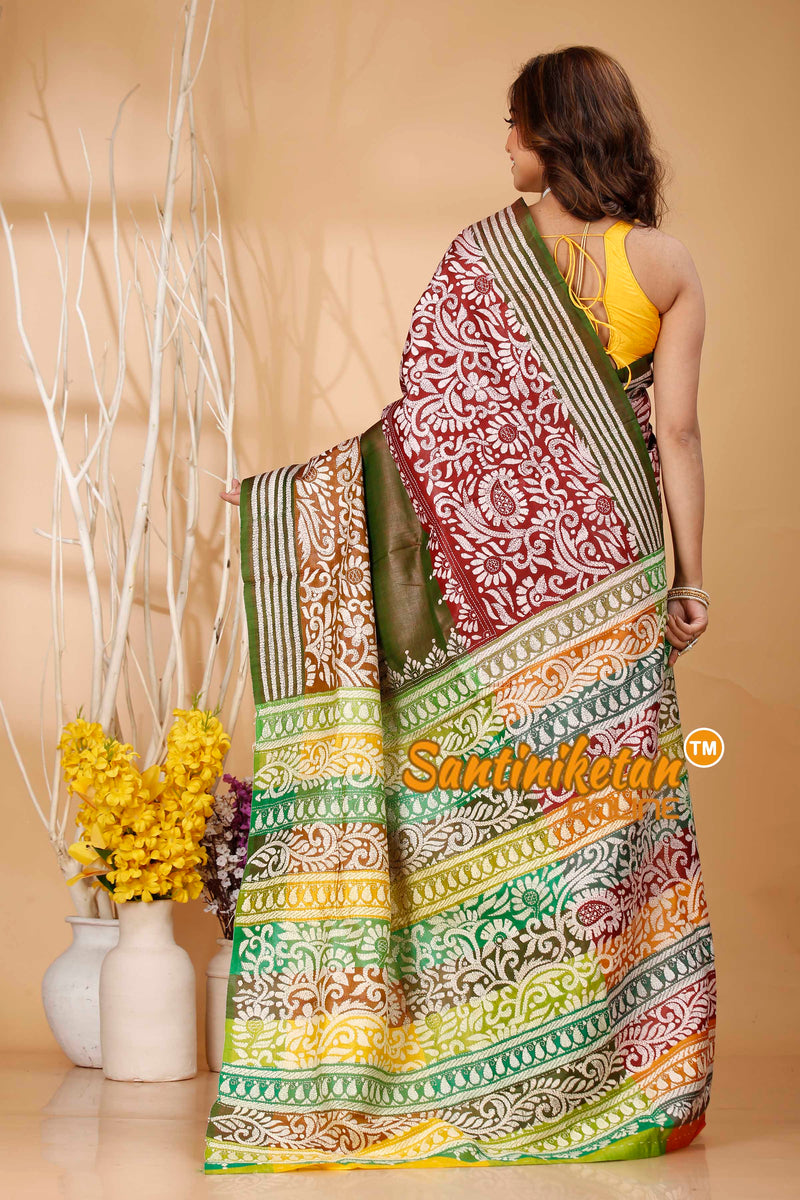 Bishnupuri (Katan) Silk Kantha Stitch Saree SN20242020994