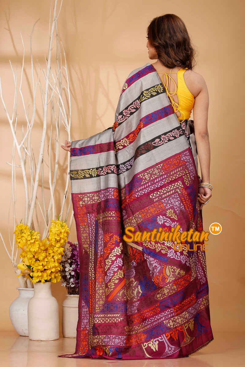 Bishnupuri (Katan) Silk Kantha Stitch Saree SN20242020999