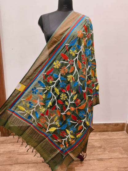 Zari Border Pure Tussar Kantha Stitch Dupatta SN26KD25