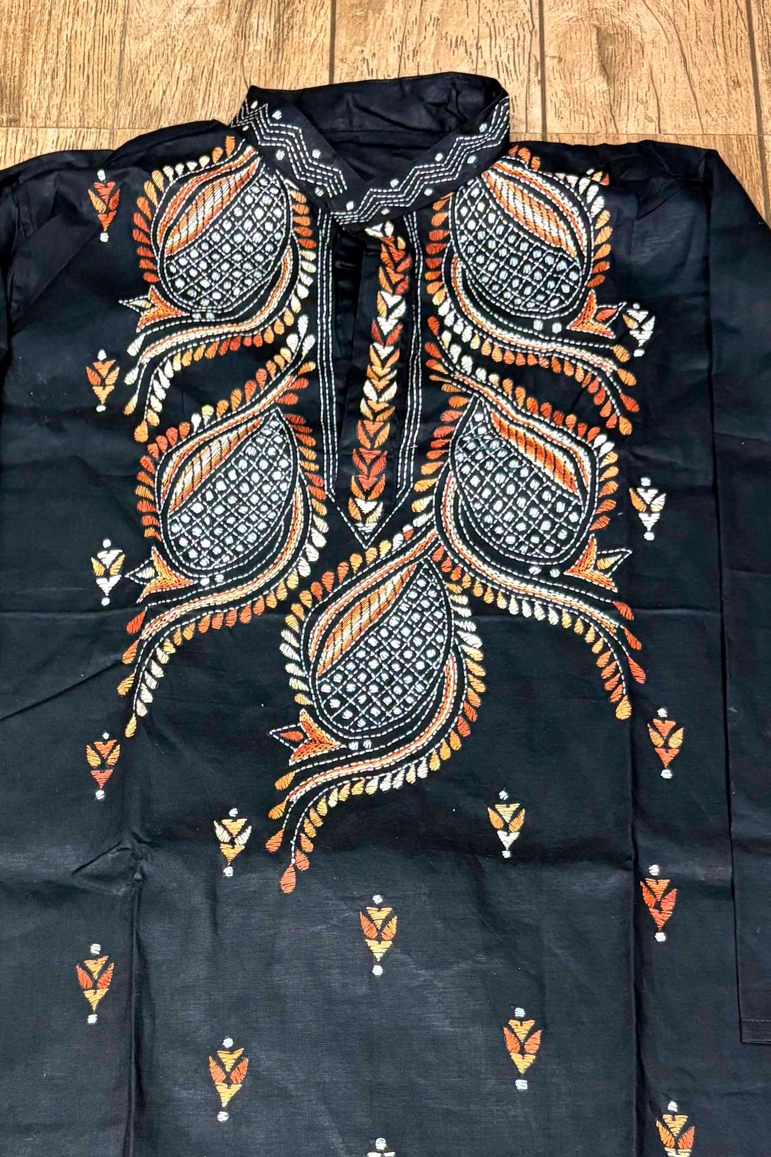 Black Pure Cotton with Kantha Work (Hand Embroidery) Panjabi