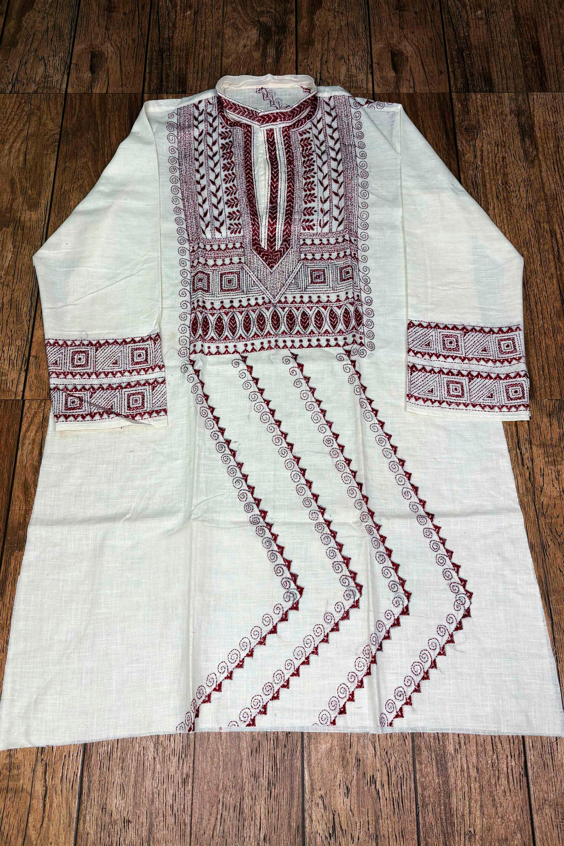 White Pure Cotton with Kantha Work (Hand Embroidery) Panjabi