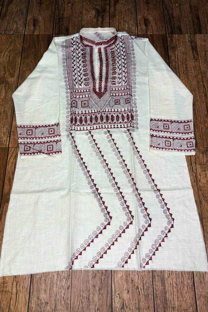 White Pure Cotton with Kantha Work (Hand Embroidery) Panjabi