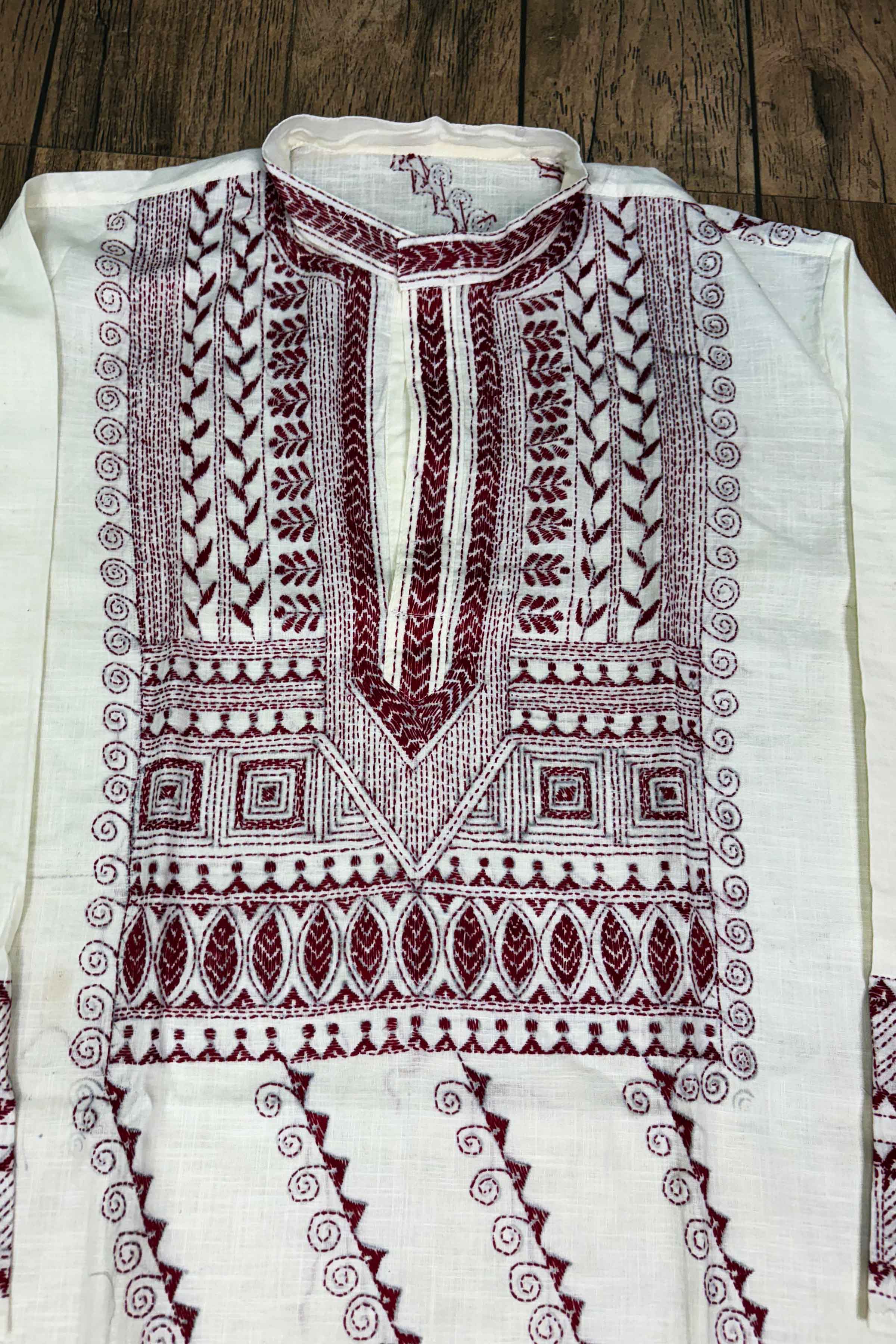 White Pure Cotton with Kantha Work (Hand Embroidery) Panjabi
