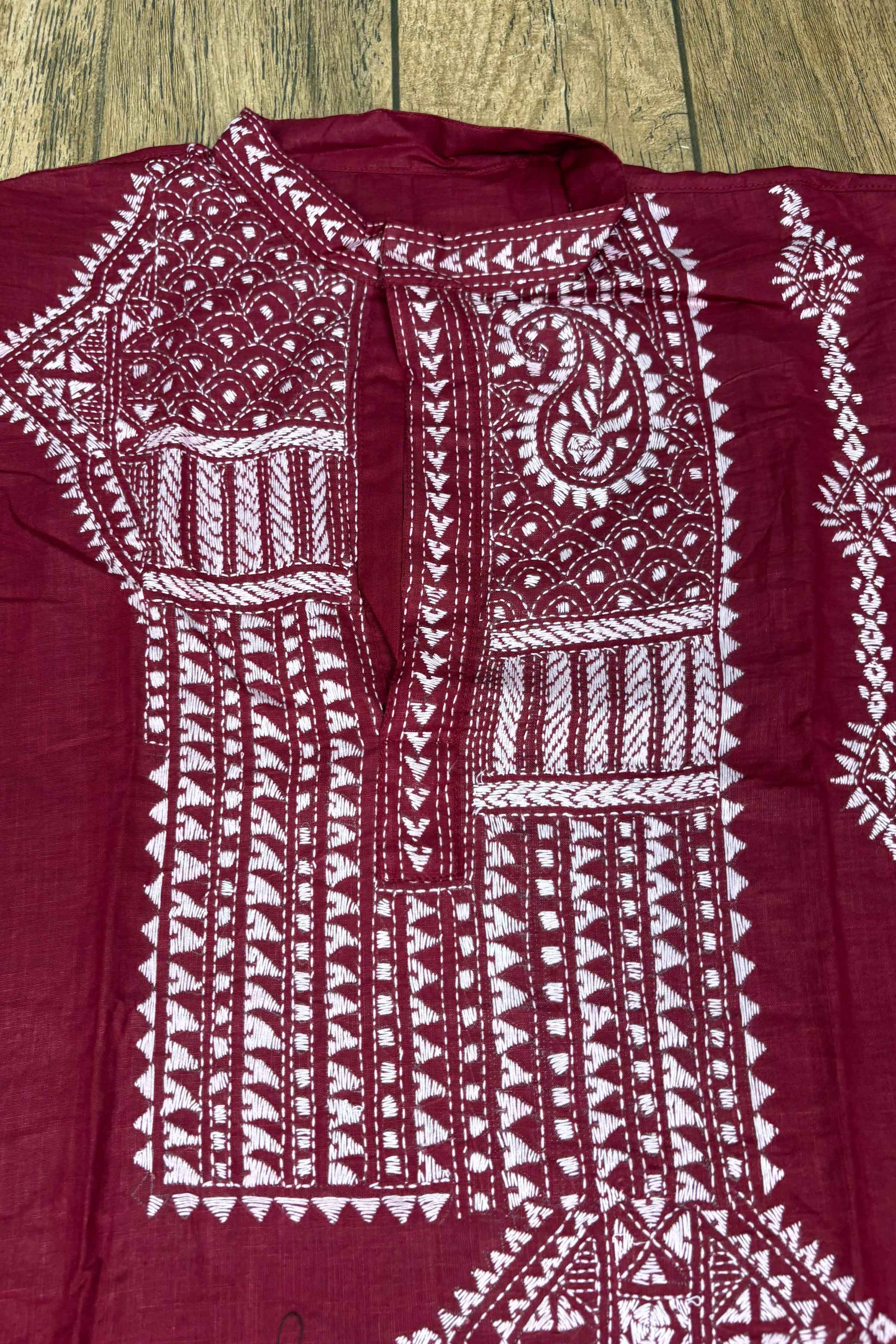 Maroon Pure Cotton with Kantha Work (Hand Embroidery) Panjabi