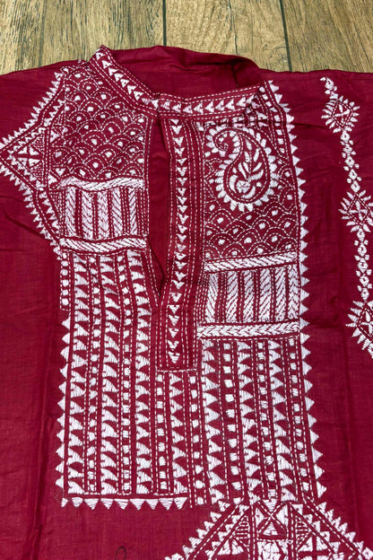 Maroon Pure Cotton with Kantha Work (Hand Embroidery) Panjabi