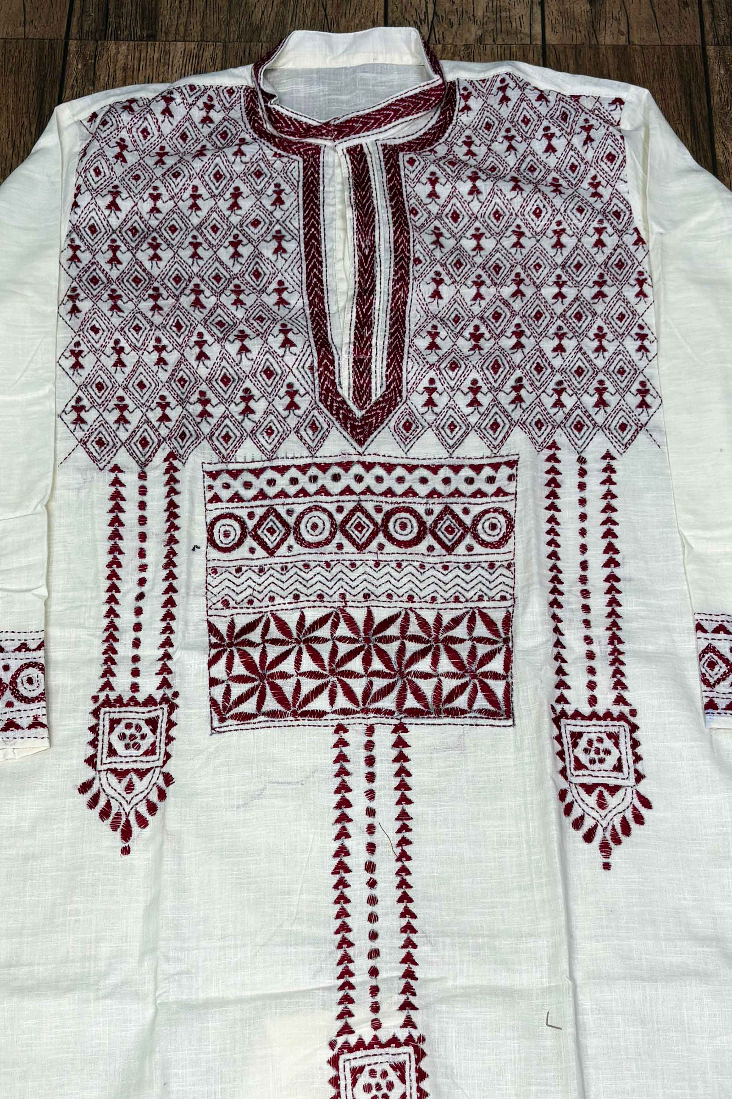 White Pure Cotton with Kantha Work (Hand Embroidery) Panjabi