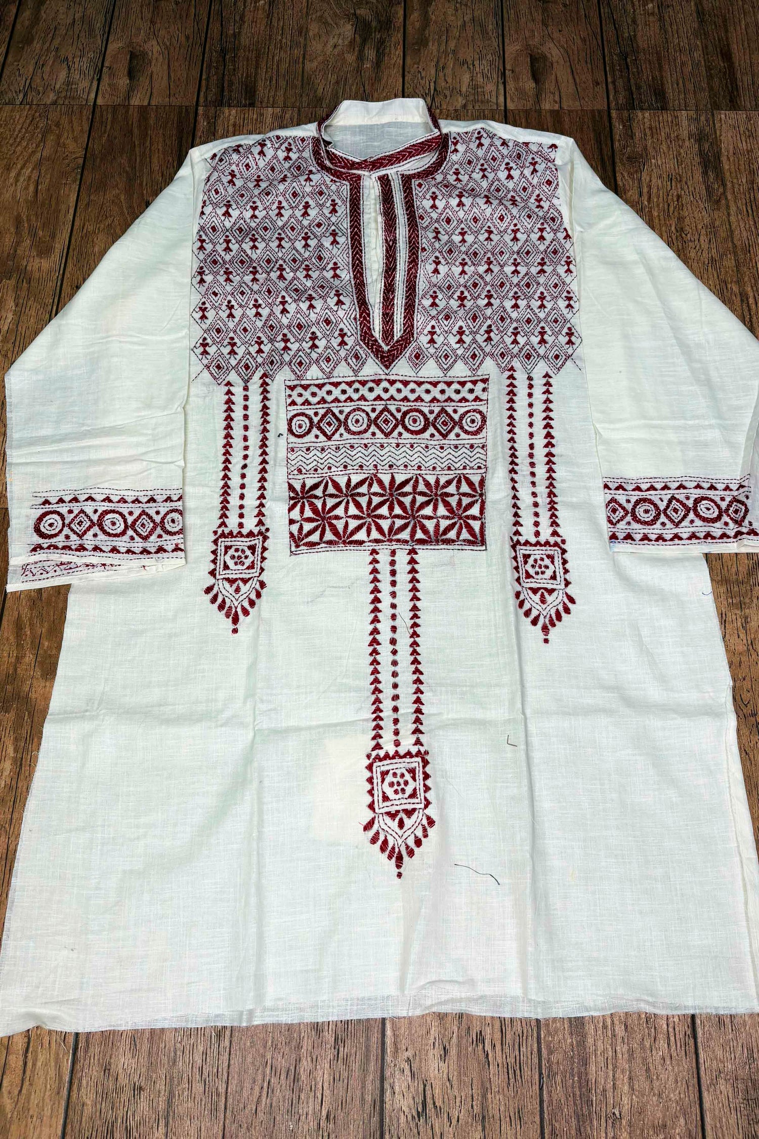 White Pure Cotton with Kantha Work (Hand Embroidery) Panjabi