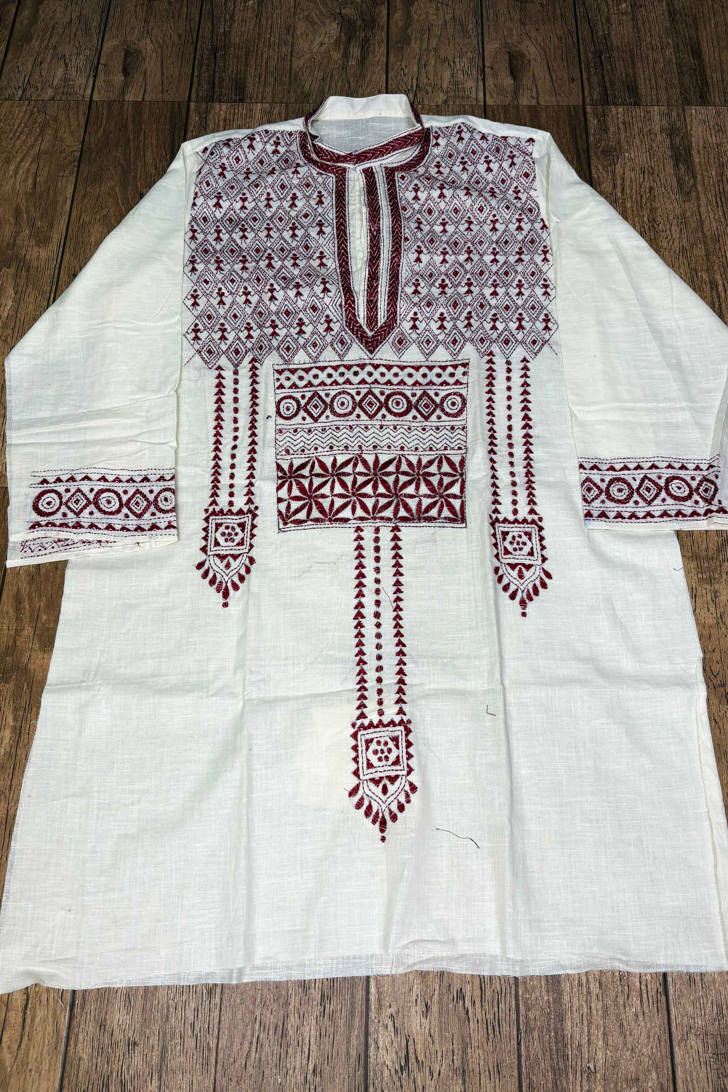 White Pure Cotton with Kantha Work (Hand Embroidery) Panjabi
