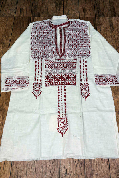 White Pure Cotton with Kantha Work (Hand Embroidery) Panjabi