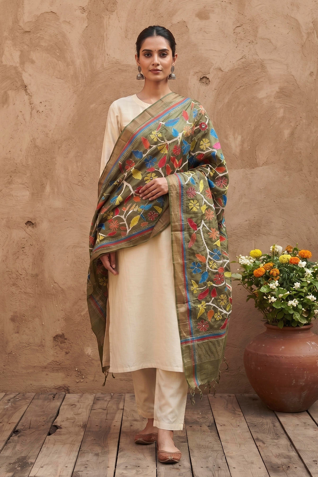 Zari Border Pure Tussar Kantha Stitch Dupatta SN26KD25
