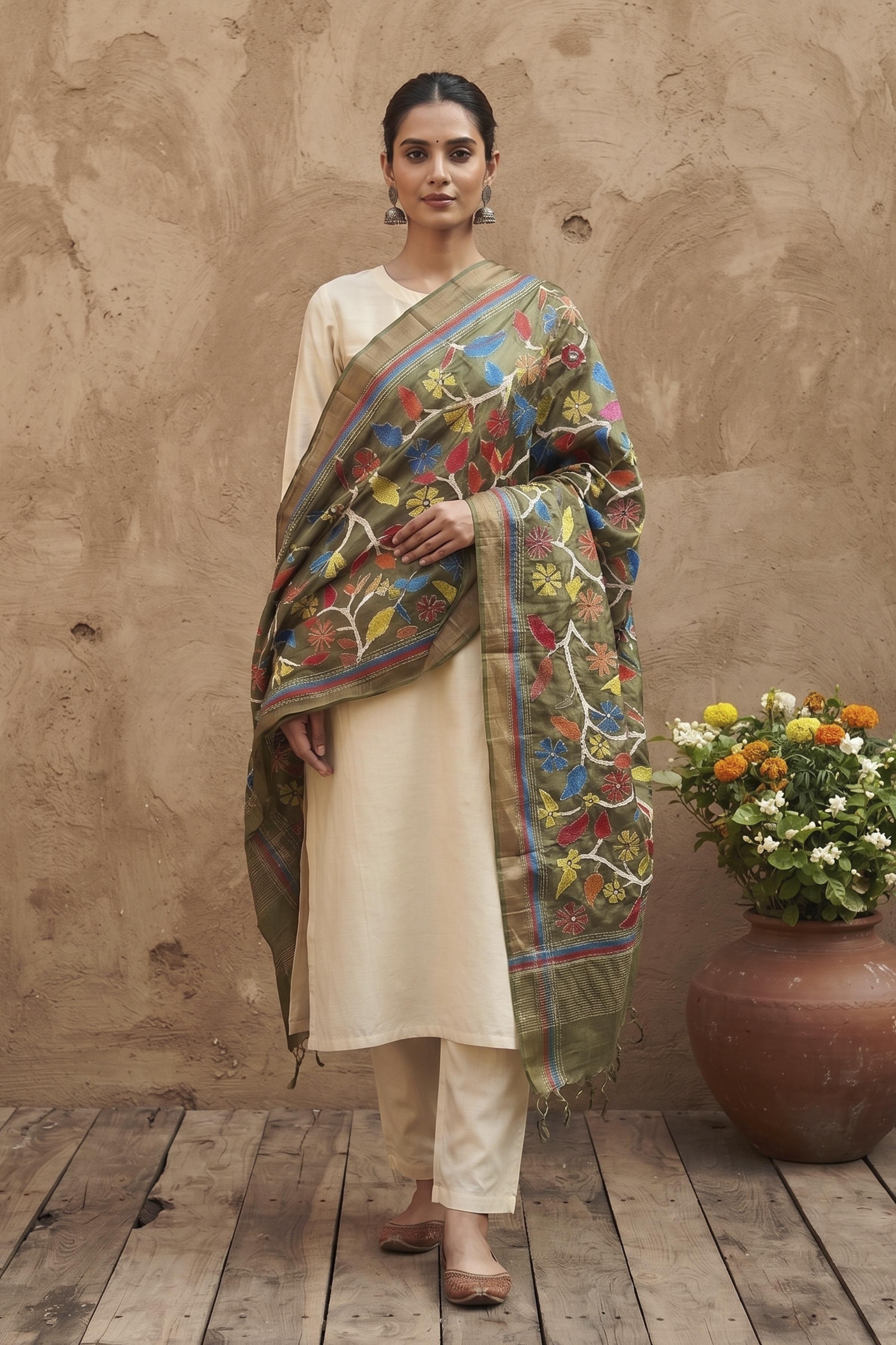 Zari Border Pure Tussar Kantha Stitch Dupatta SN26KD25