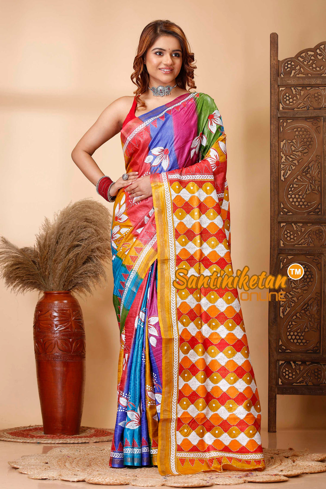 Pure Dye Tussar Silk Kantha Stitch Saree SN202521247