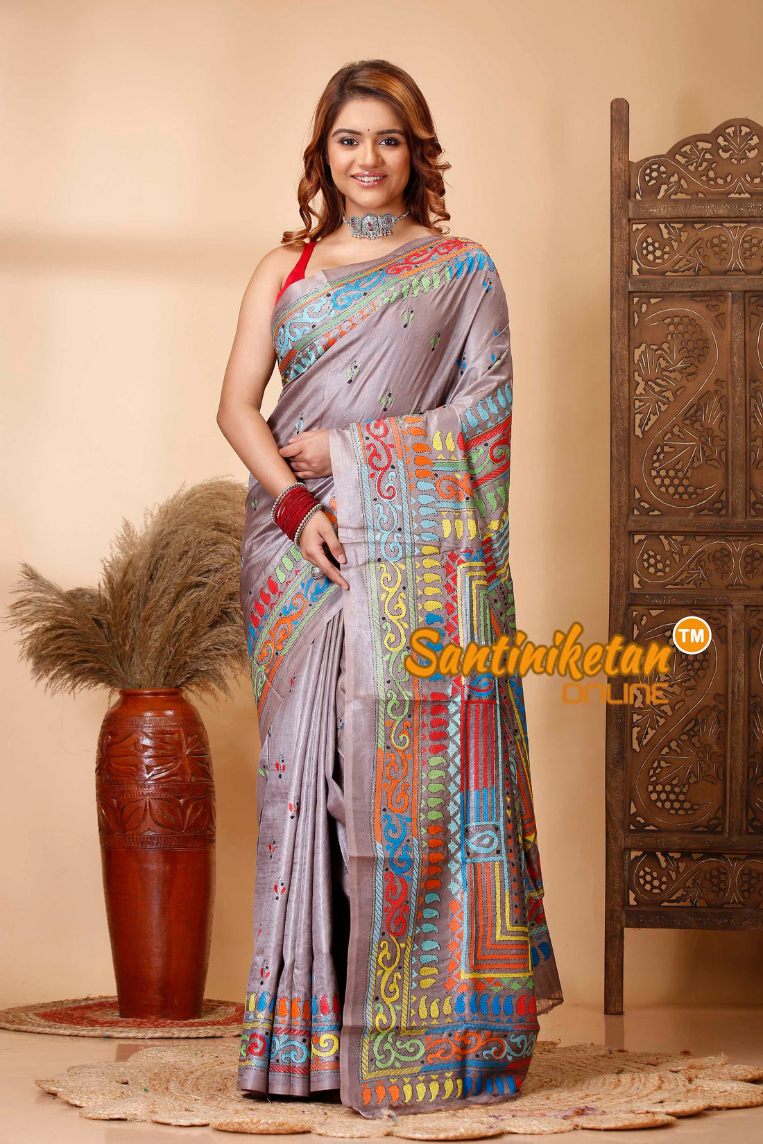 Pure Dye Tussar Silk Kantha Stitch Saree SN202521253
