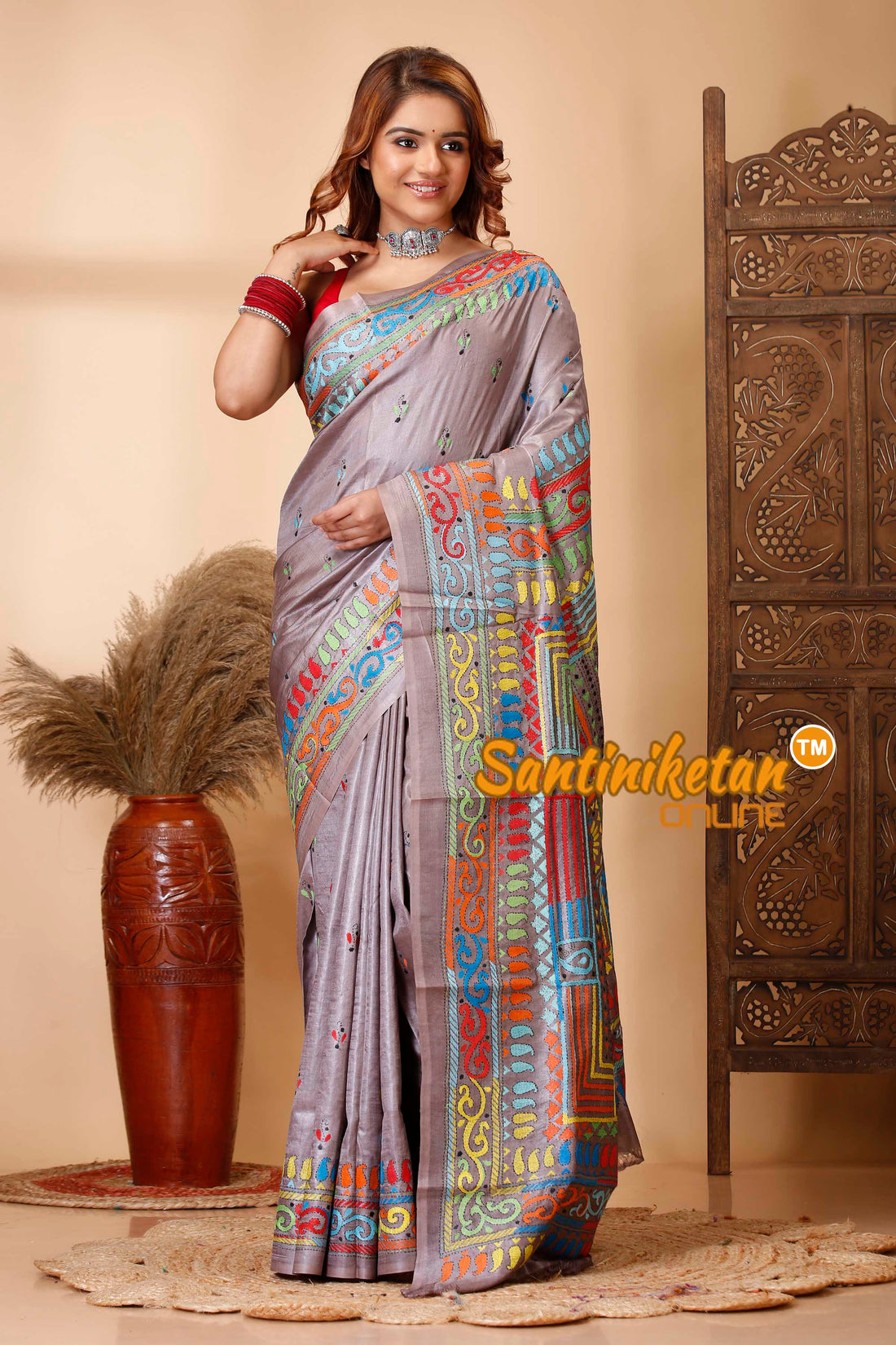 Pure Dye Tussar Silk Kantha Stitch Saree SN202521253
