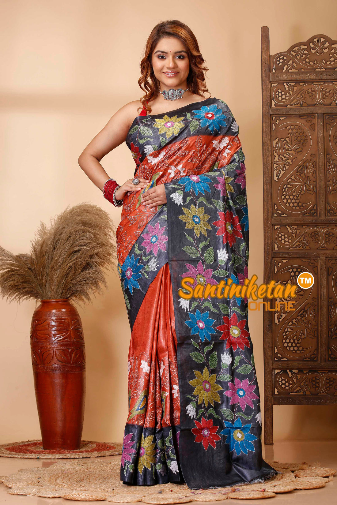 Pure Dye Tussar Silk Kantha Stitch Saree SN202521296
