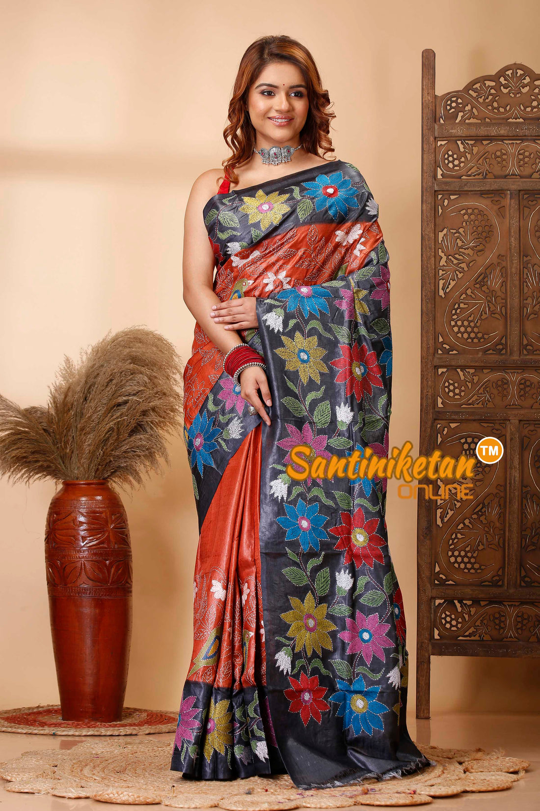 Pure Dye Tussar Silk Kantha Stitch Saree SN202521296